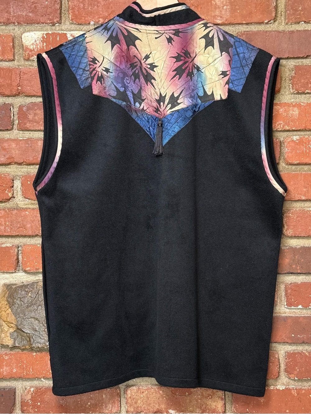 Joyce Fogle‎ Art-to-Wear Vest medium Black Wool Silk Trim Abstract Button FLAWS - Picture 2 of 16